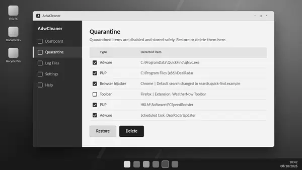 The Quarantine tab in ADW Cleaner listing six detected items with Restore and Delete buttons