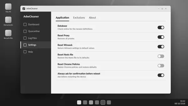 The Application settings tab in ADW Cleaner showing toggles for database updates and basic repair actions
