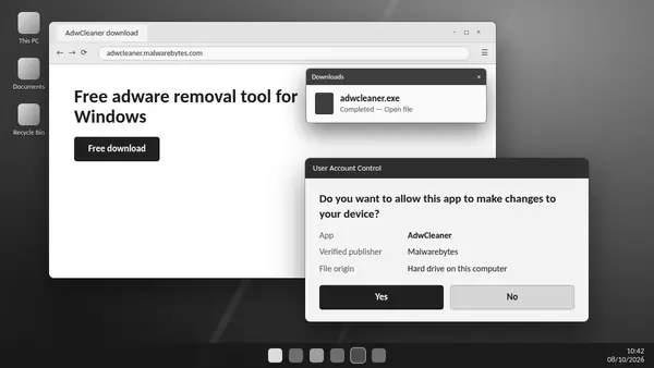 Browser download panel showing adwcleaner.exe next to the Windows permission prompt for ADW Cleaner