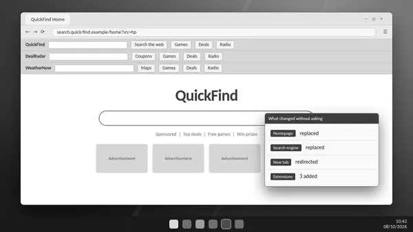 Browser window with three unwanted toolbars and a replaced search page, the typical result of a browser hijacker