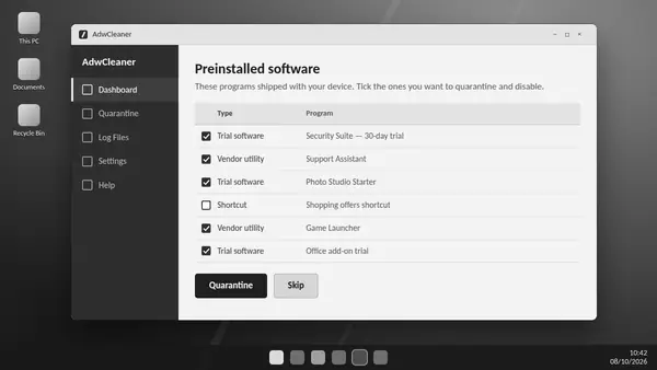 ADW Cleaner listing preinstalled trial programs and vendor utilities with tick boxes and a Quarantine button
