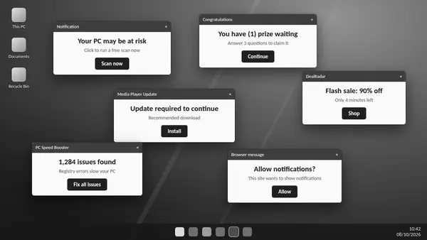 Windows desktop covered in fake prize, update and system warning pop-up adverts